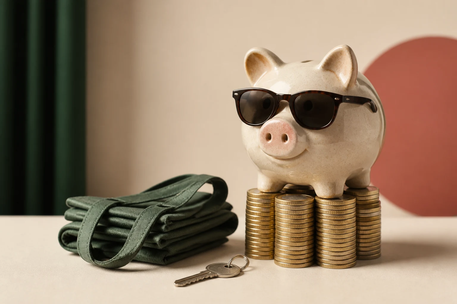 Sparschwein mit Sonnenbrille auf sorgfältig gestapelten Euromünzen