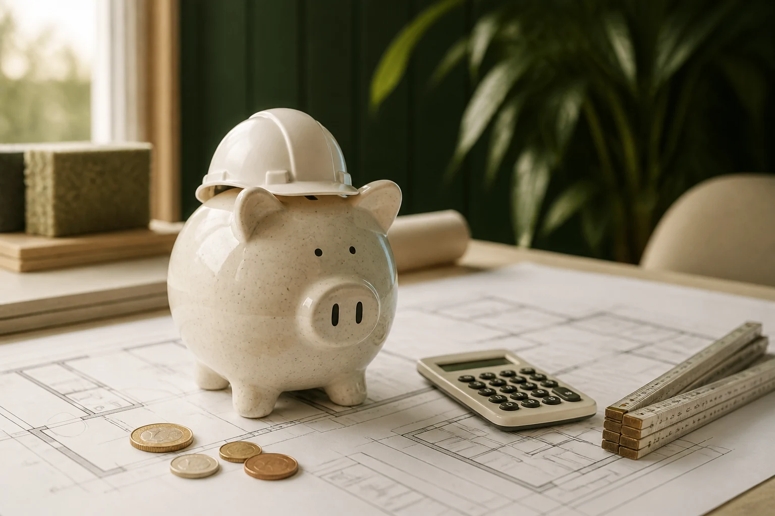 Sparschwein mit Bauhelm auf einem Sanierungsplan neben Rechner und Zollstock